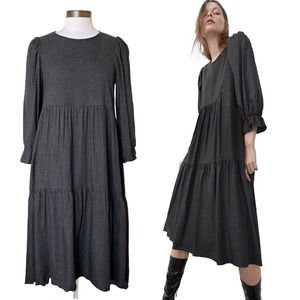 ZARA Gray Tiered Pleated Midi Dress Size Medium